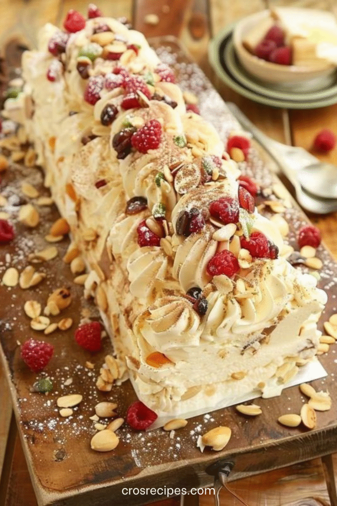 Bûche roulée au mascarpone garnie de framboises fraîches et amandes effilées, saupoudrée de sucre glace.