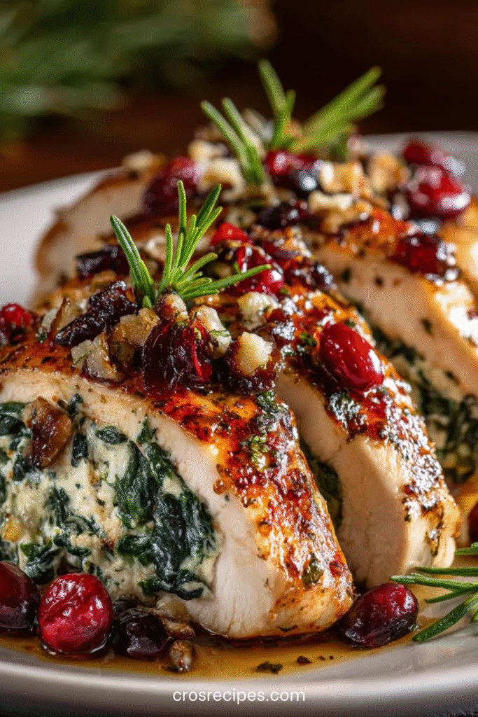 Poitrines de poulet farcies aux épinards, brie fondant et canneberges, nappées de glaçage miel balsamique et garnies de romarin frais.