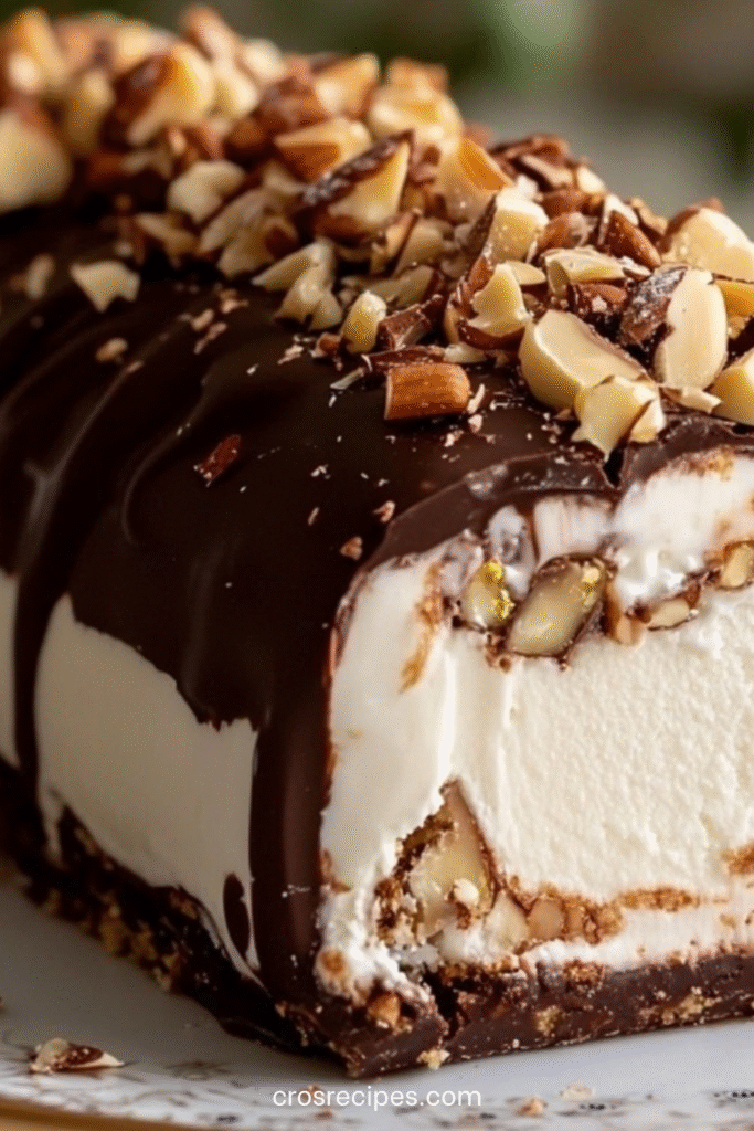 Bûche glacée vanille avec cœur praliné croustillant, nappée de chocolat noir craquant et décorée d’amandes torréfiées.