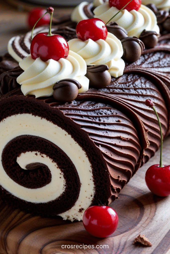 Bûche de Noël roulée au chocolat garnie de crème chantilly aux cerises, nappée de ganache et décorée de cerises et copeaux de chocolat.
