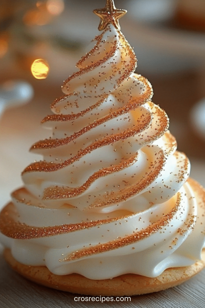 Dessert en forme de sapin de Noël sur base de biscuit sablé, garni de crème vanille pochée en cône et décoré de paillettes et étoiles dorées.