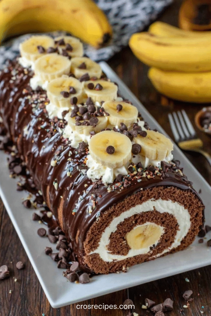 Bûche roulée au chocolat garnie de crème mascarpone et banane, nappée de glaçage brillant et décorée de rondelles de banane et pépites de chocolat.