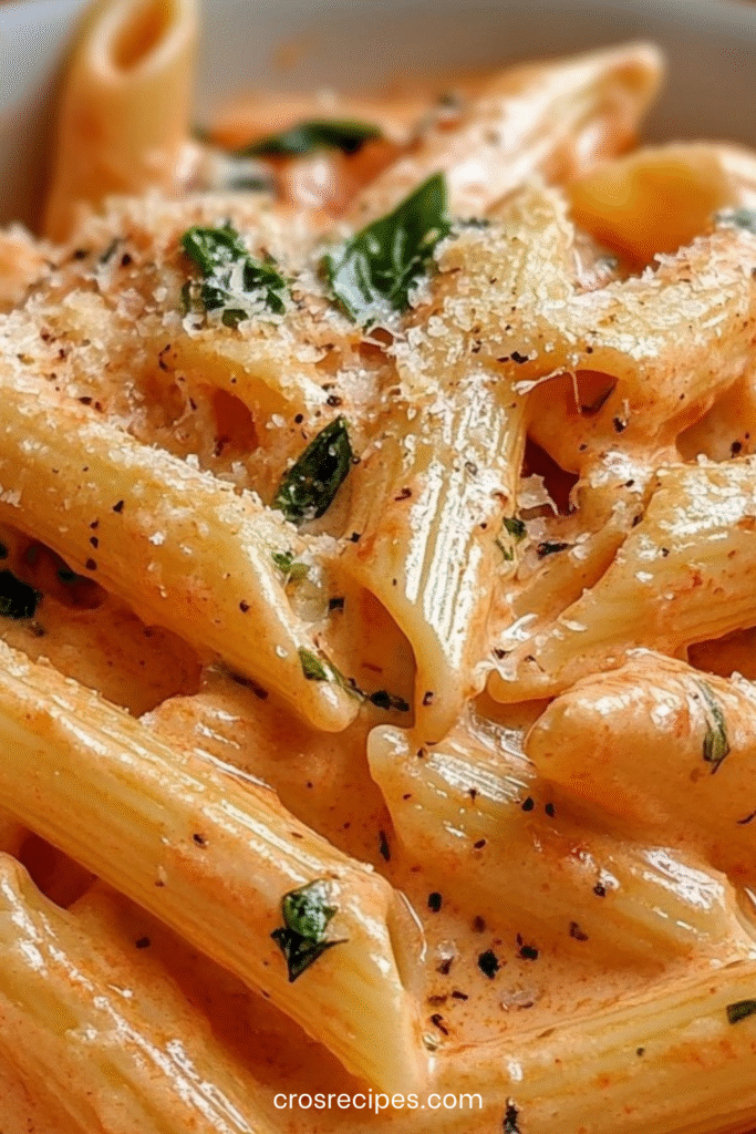 Assiette de penne alla vodka crémeuses avec sauce tomate, parmesan râpé et feuilles de basilic frais, servie dans une assiette blanche sur une table en bois.