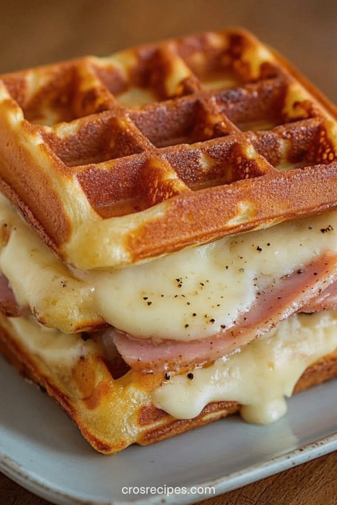 Assiette de gaufres salées dorées garnies de jambon et fromage fondant, servies en croque-gaufres croustillants avec salade verte sur le côté.