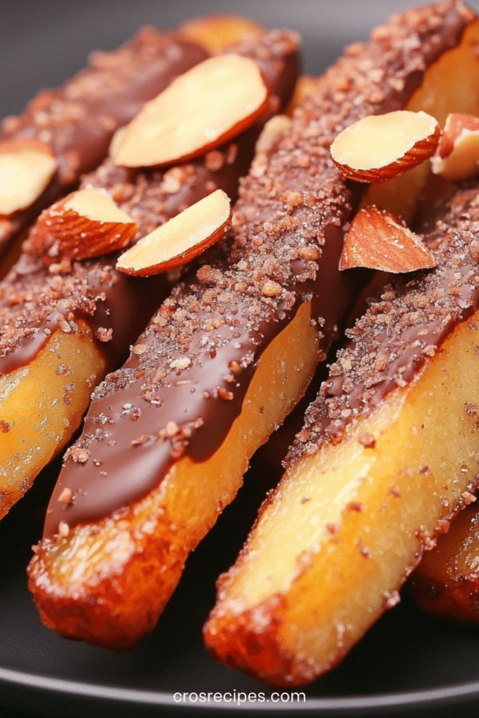 Orangettes au chocolat noir brillantes décorées d’éclats d’amandes grillées, alignées sur une feuille de papier cuisson.