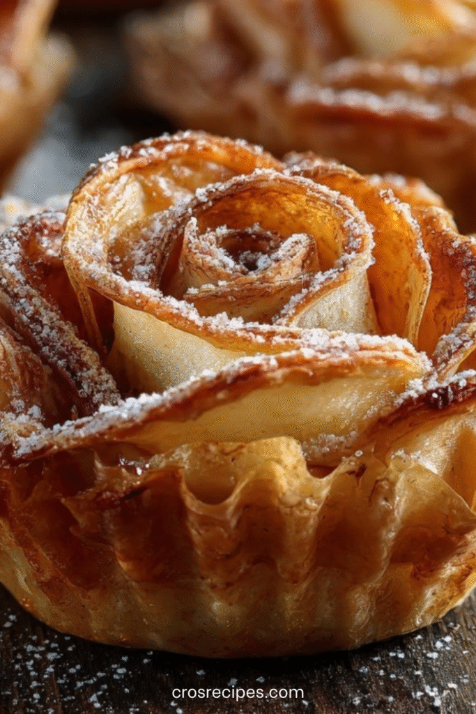 Roses feuilletées aux pommes et à la cannelle dorées au four, disposées dans des moules à muffins, saupoudrées de sucre glace sur une assiette de service.