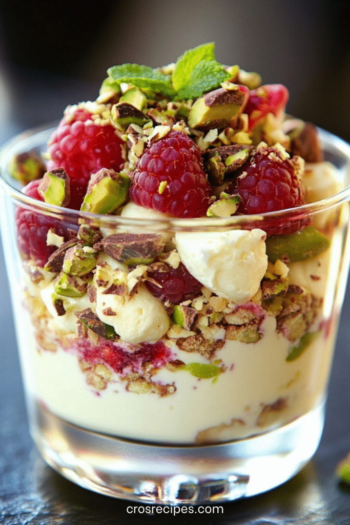 Verrines gourmandes à la crème mascarpone vanillée, framboises fraîches et pistaches concassées, présentées en couches colorées dans des verres transparents.