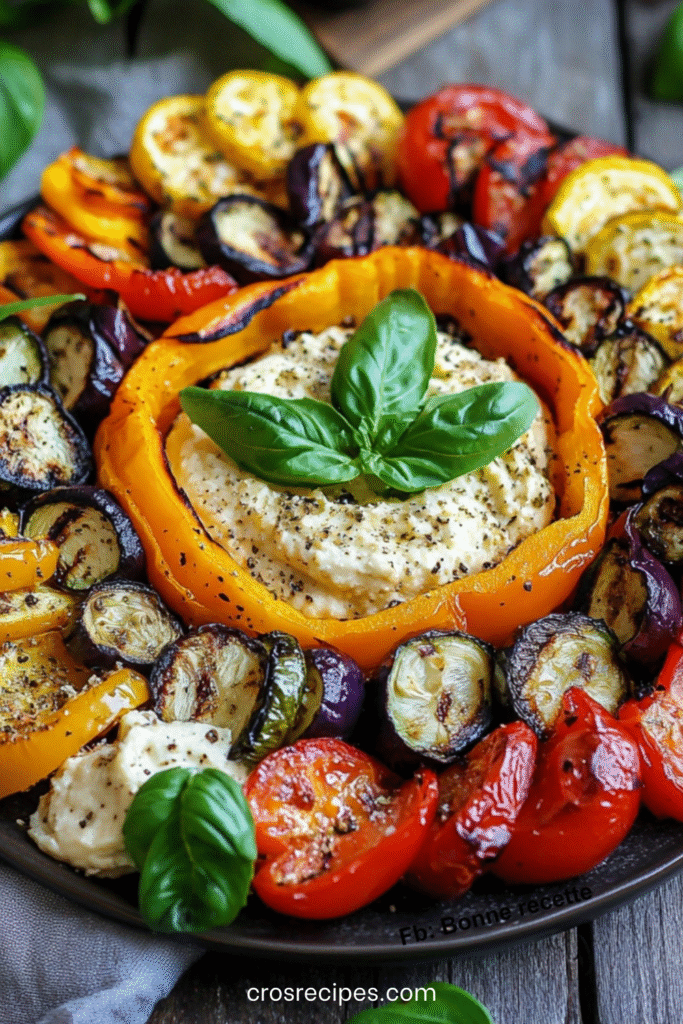 Couronne de légumes grillés colorés disposés autour d’un bol de houmous crémeux au centre d’un plat, décorée de basilic frais et d’un filet d’huile d’olive.