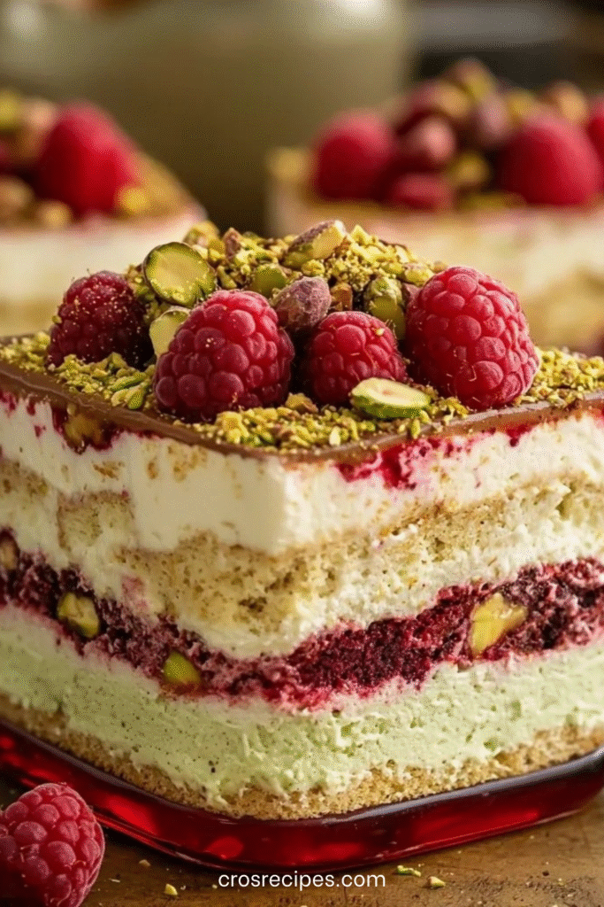 Verrine de tiramisu framboise et pistache avec couches colorées de crème verte à la pistache, coulis de framboise et base biscuitée, décorée de framboises fraîches et pistaches concassées.