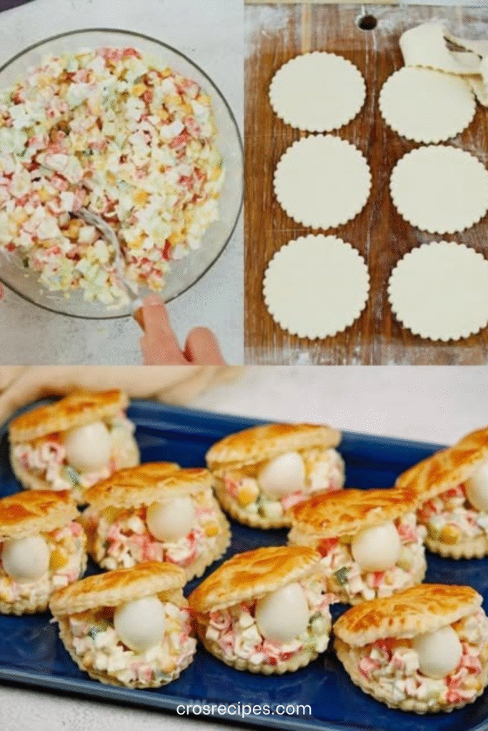 Plateau de mini-bouchées feuilletées garnies de surimi, œufs durs, dés de légumes croquants et œufs de caille, servi en apéritif festif.