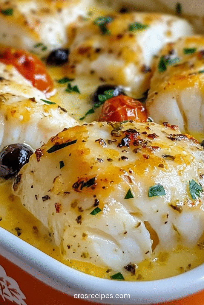 Cassolette de cabillaud gratiné au four, nappé d’une sauce crémeuse à la tomate confite, olives noires et herbes fraîches dans un plat en céramique.