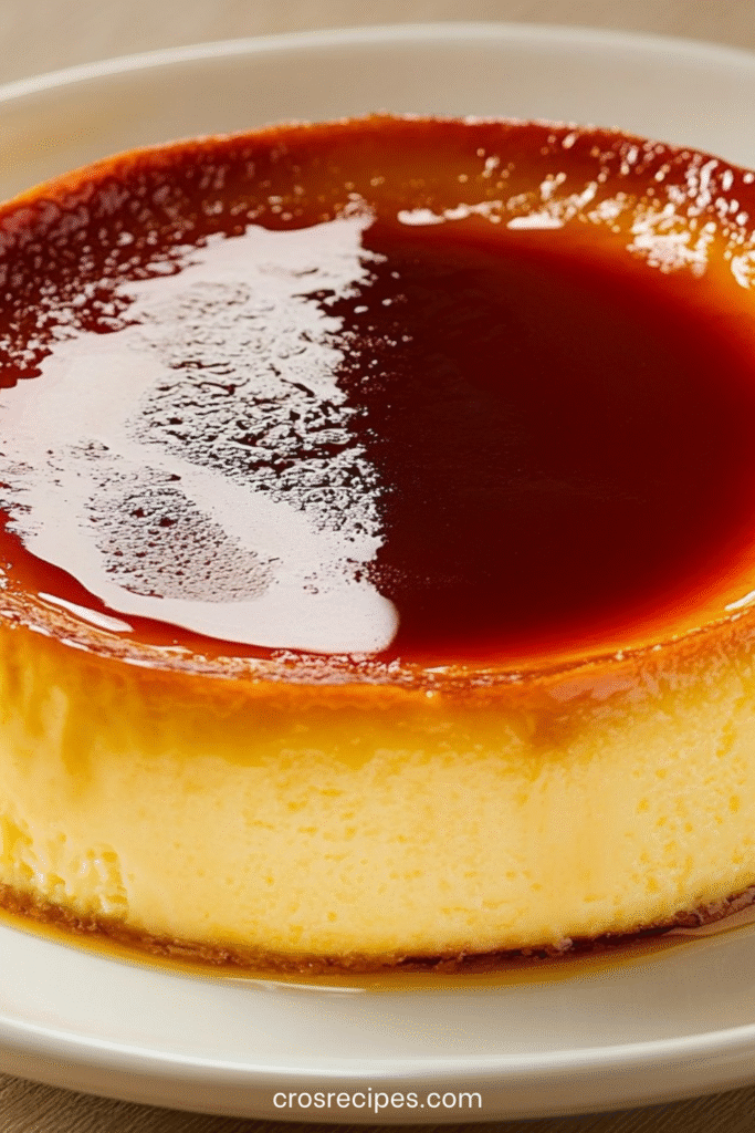 Flan au caramel traditionnel démoulé sur un plat, nappé de caramel ambré brillant, avec une texture lisse et fondante.