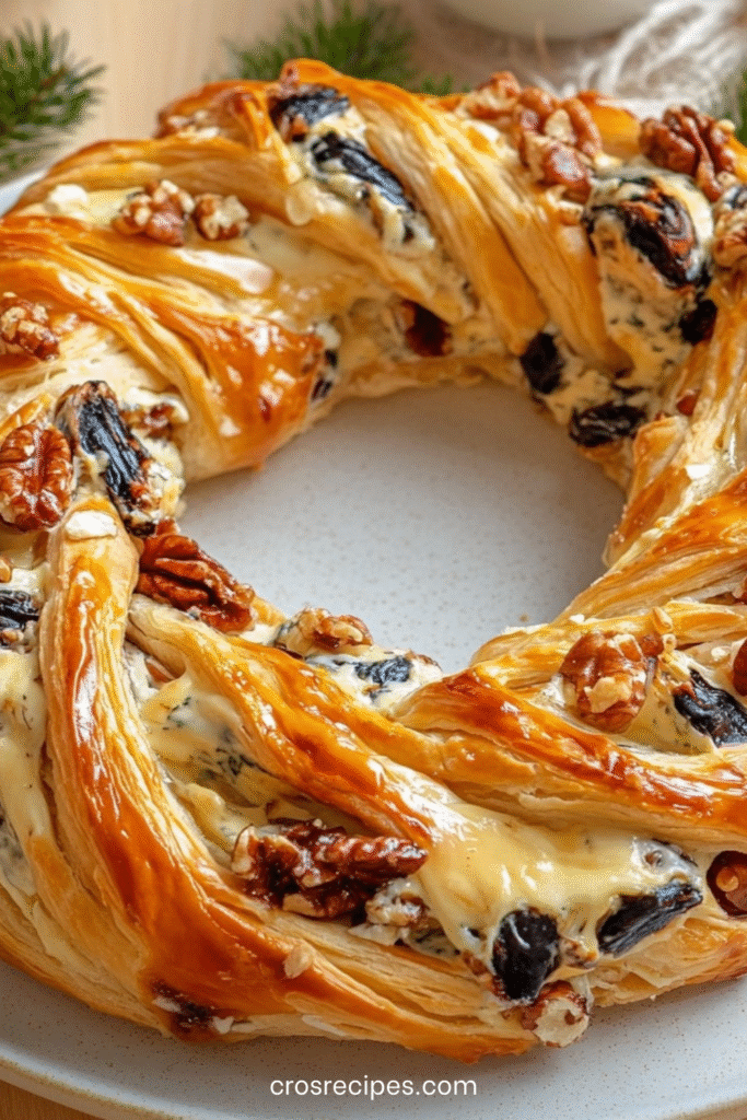 Couronne feuilletée dorée garnie de fromage fondant, noix croquantes et pruneaux, présentée sur une planche de service.