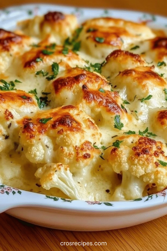 Gratin de chou-fleur doré au parmesan dans un plat allant au four, parsemé de persil frais.