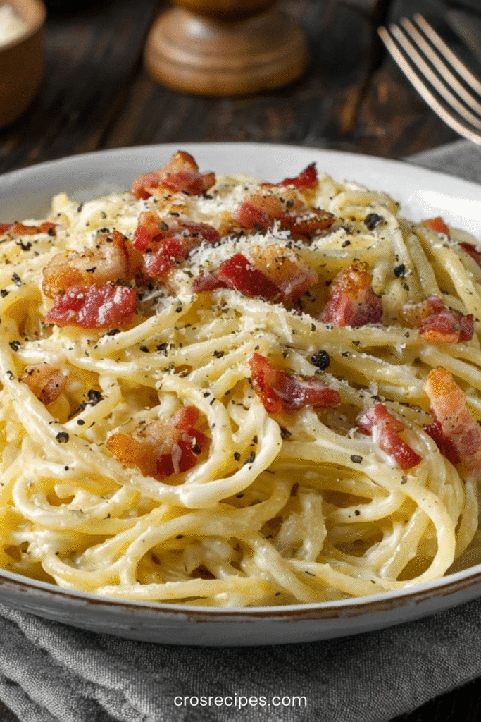 Assiette de spaghetti carbonara français avec lardons croustillants et sauce crémeuse au fromage.