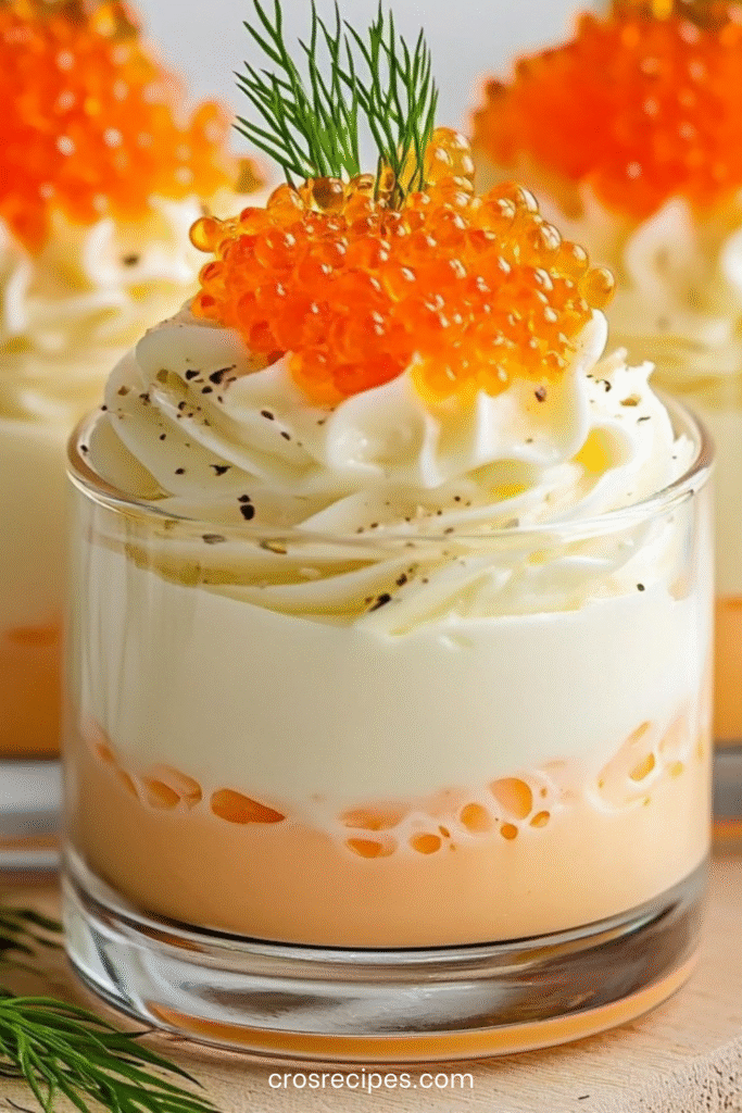 Verrines superposées d’œuf mimosa, crème blanche, chantilly citronnée et œufs de saumon, décorées d’aneth.