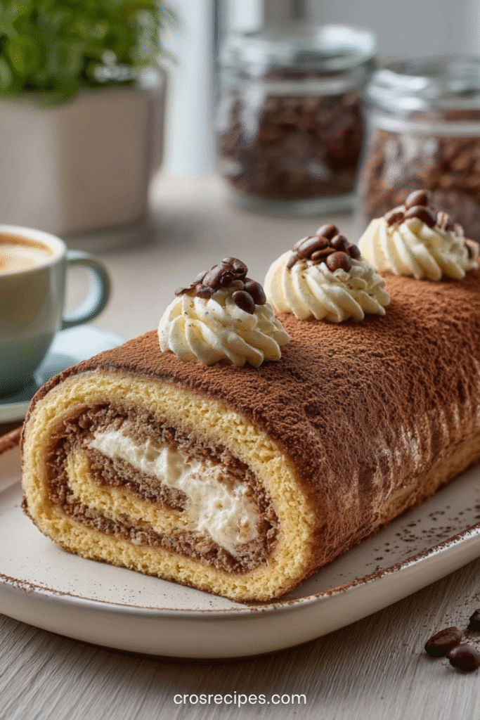 Biscuit roulé tiramisu au café, saupoudré de cacao, garni de crème mascarpone et décoré de grains de café.