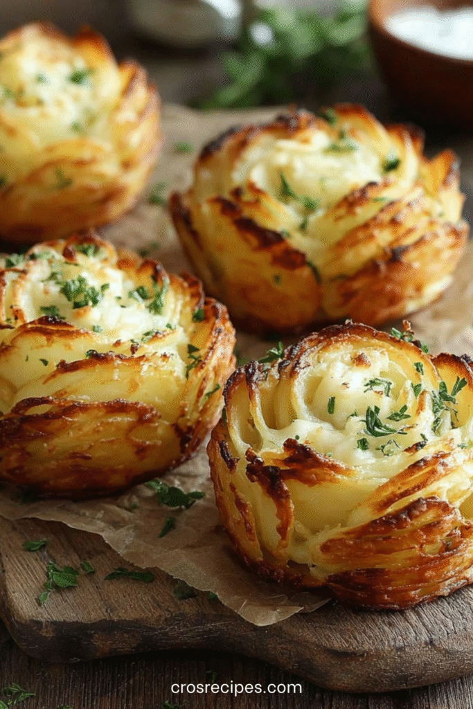 Couronnes de pommes de terre finement tranchées, dorées et garnies de fromage fondant dans un moule à muffins.