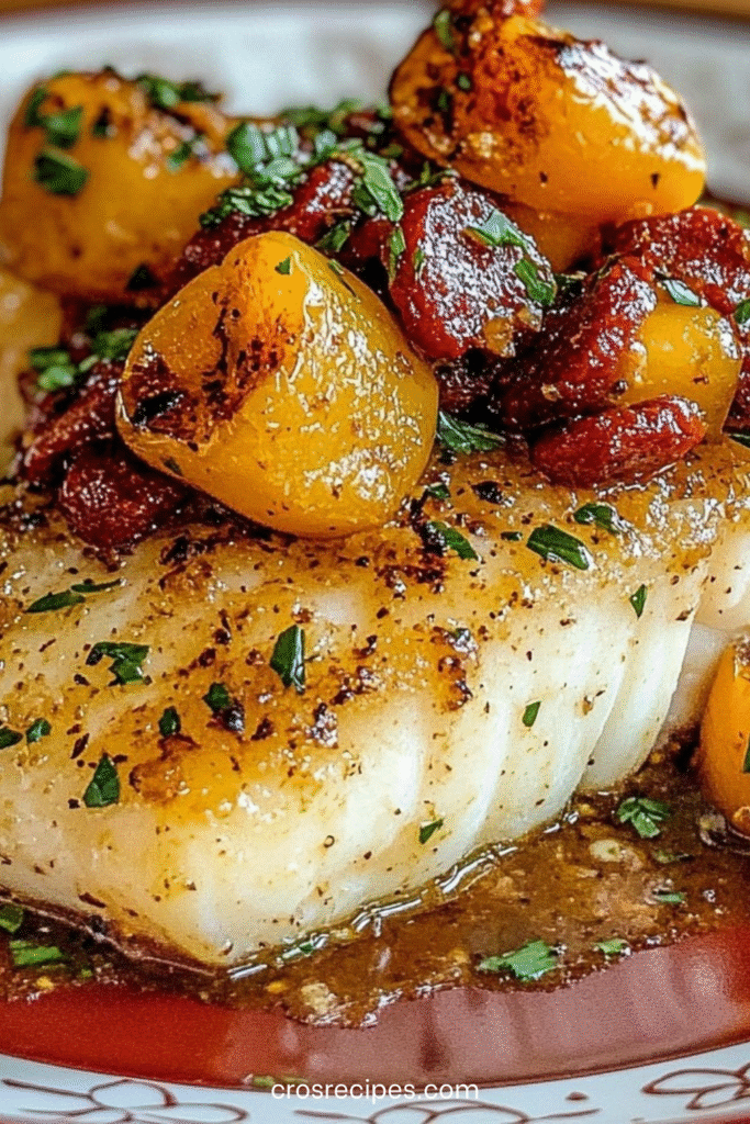 Pavé de cabillaud rôti nappé d’un mélange chorizo et poivrons sur assiette, décoré de persil frais.