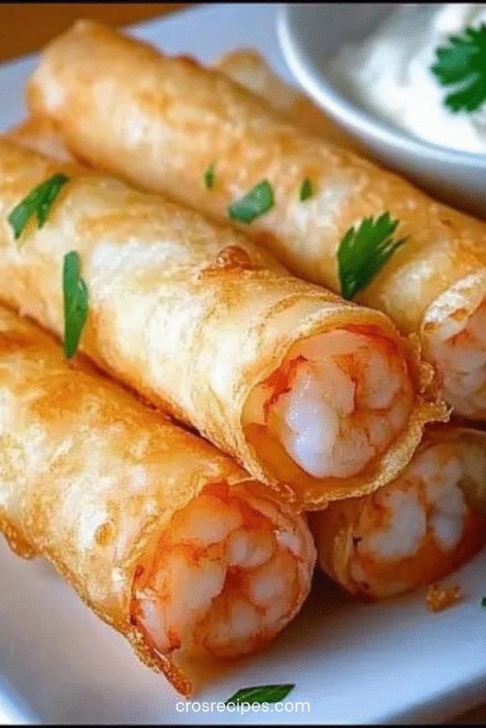 Cigares croustillants aux crevettes dorés, alignés sur une assiette avec herbes fraîches.