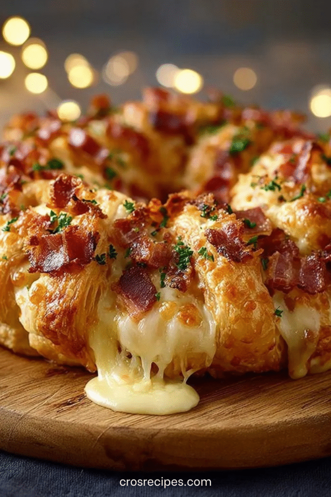 Couronne feuilletée garnie de bacon et fromage à raclette, dorée et torsadée sur une plaque de cuisson.