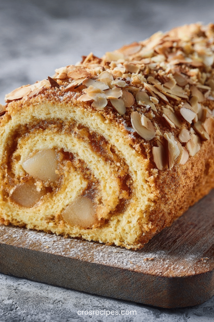 Roulé poire amande garni de crème mascarpone et décoré d’amandes effilées sur le dessus.