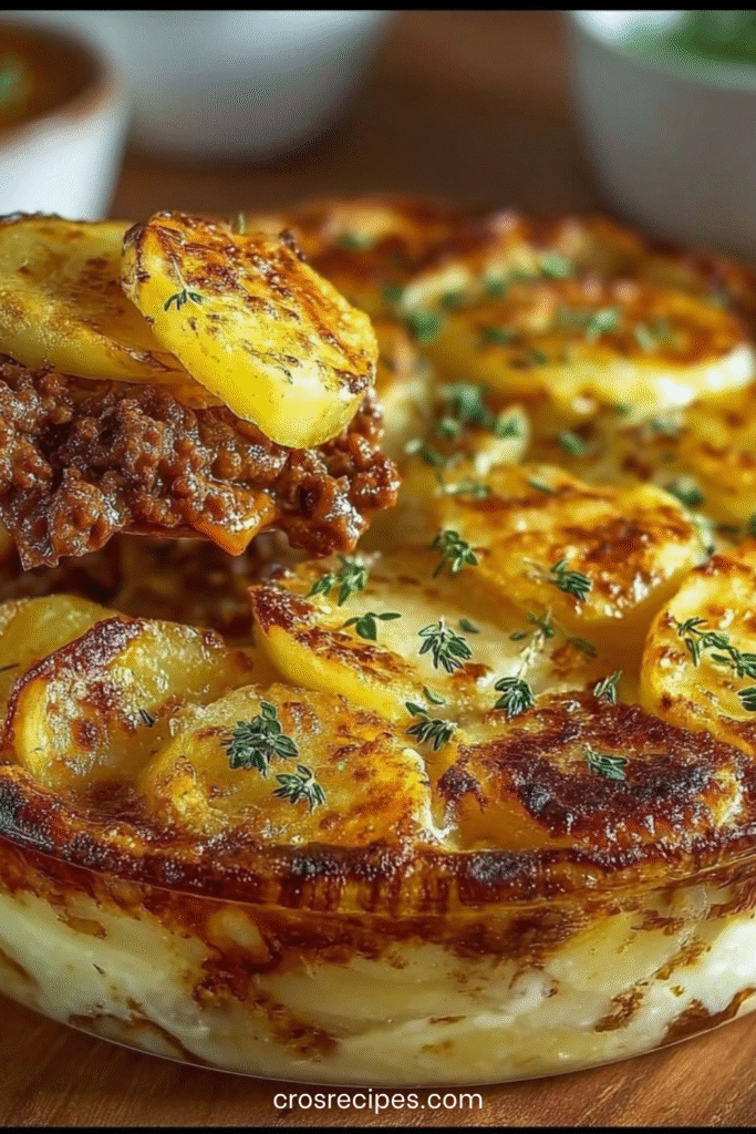 Gratin de pommes de terre au bœuf haché doré au four, avec fromage gratiné et herbes fraîches.