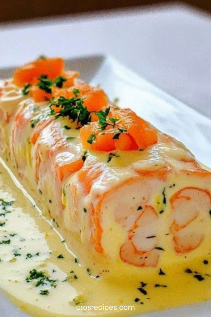 Terrine aux fruits de mer composée de Saint-Jacques, saumon et crevettes, tranchée et servie avec herbes fraîches et citron.