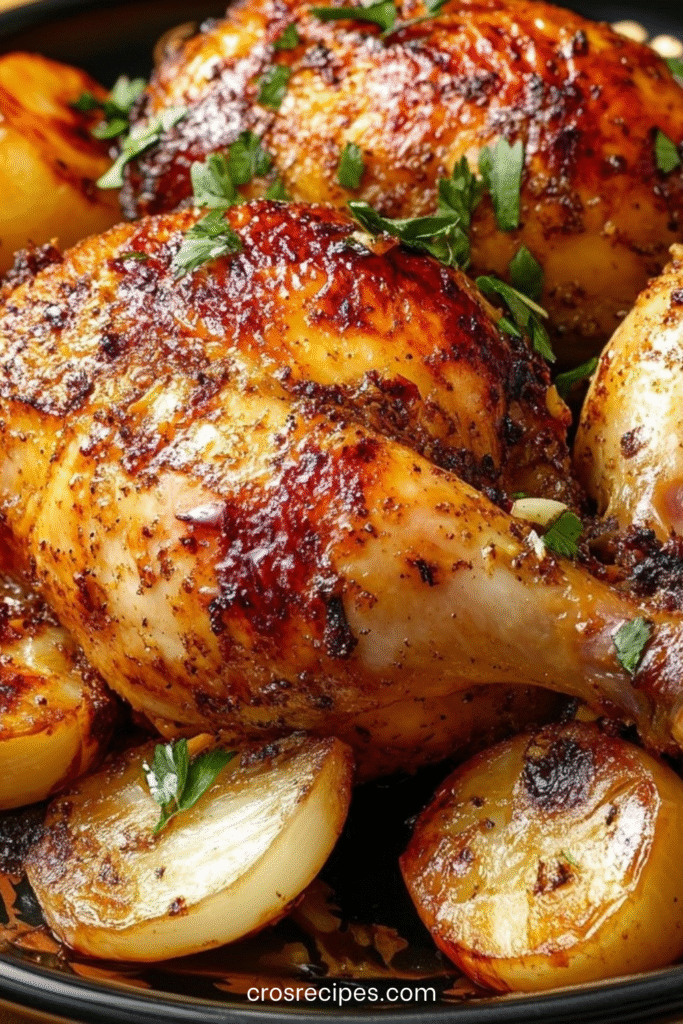 Cuisses de poulet rôti au miel et à la sauce soja, dorées et caramélisées, servies dans un plat avec oignons et herbes fraîches.