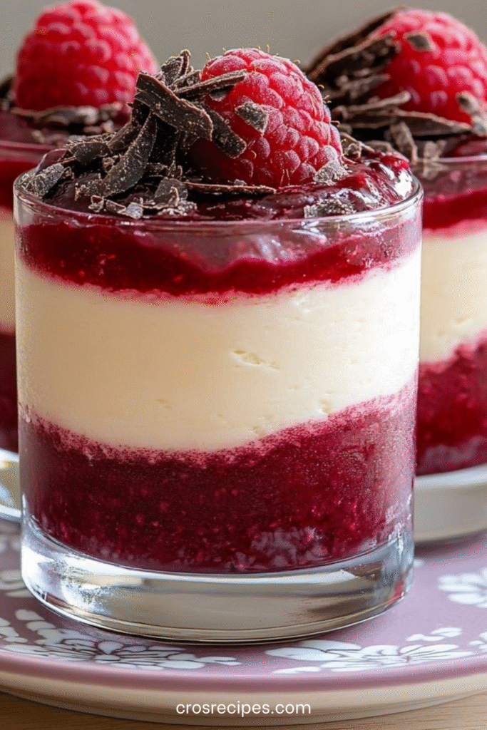Verrines de mousse au chocolat blanc et coulis de framboise, décorées de framboises fraîches et copeaux de chocolat noir.