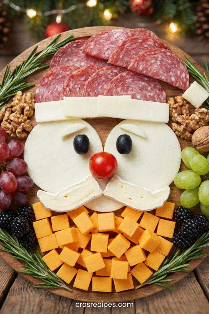 Plateau apéro en forme de visage de Père Noël composé de saucisson, fromages, olives, tomate cerise et fruits.