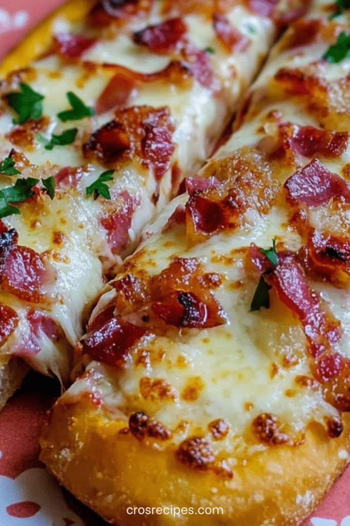 Pizza-baguette garnies de coulis de tomate, mozzarella fondue, lardons croustillants et persil frais servies sur une plaque de cuisson.