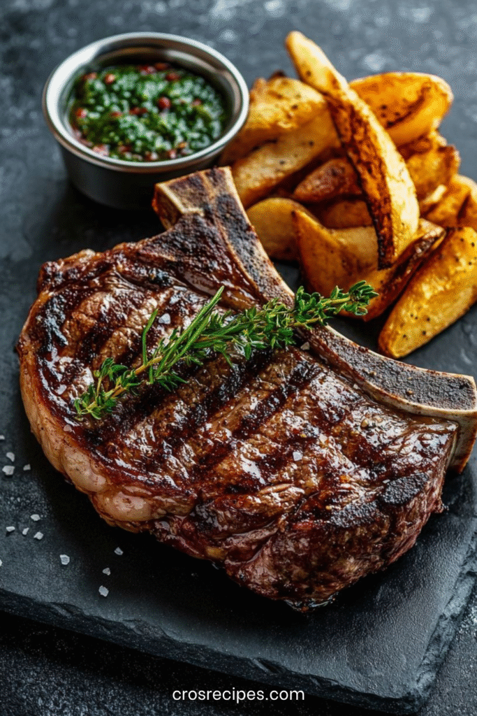 T-bone steak grillé servi avec frites maison croustillantes et sauce chimichurri.