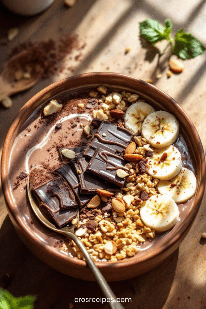 Bol de smoothie chocolat banane garni de tranches de banane, granola et copeaux de chocolat.