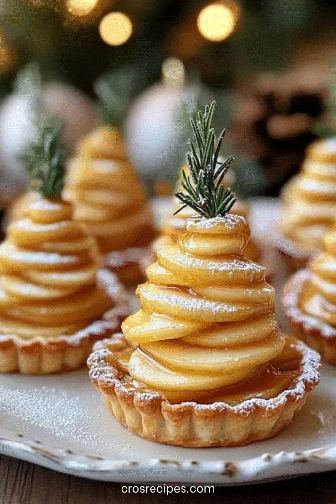 Tartelettes sapins garnies de pommes fines et caramel, décorées de sucre glace.