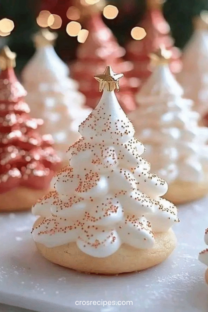 Biscuits sablés garnis de meringue en forme de sapin, décorés pour Noël.