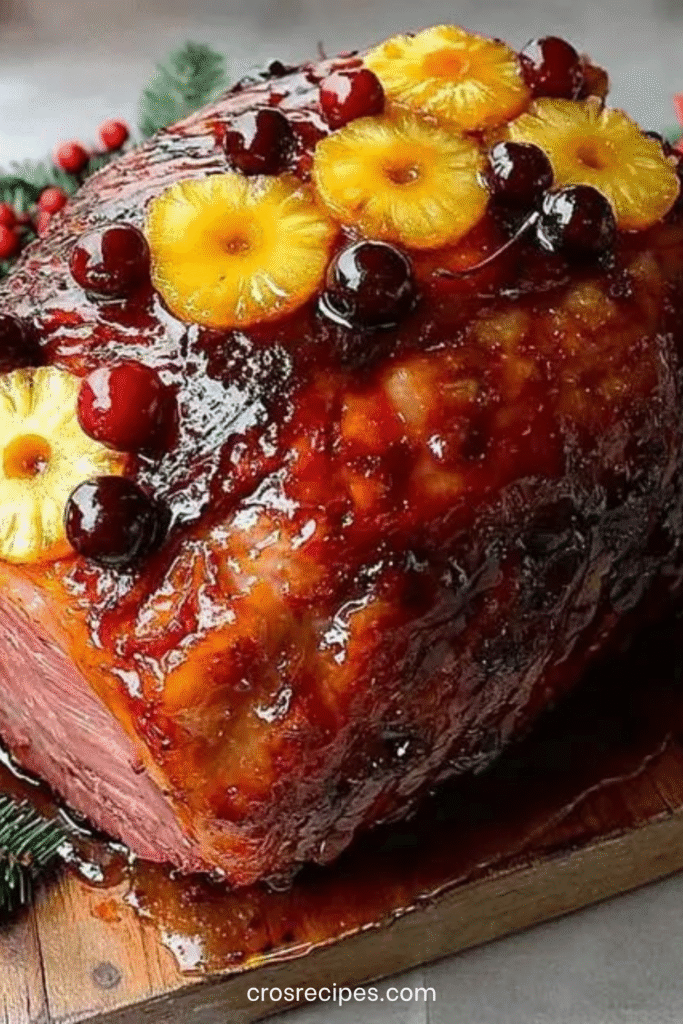 Jambon rôti glacé décoré de tranches d’ananas et cerises rouges.