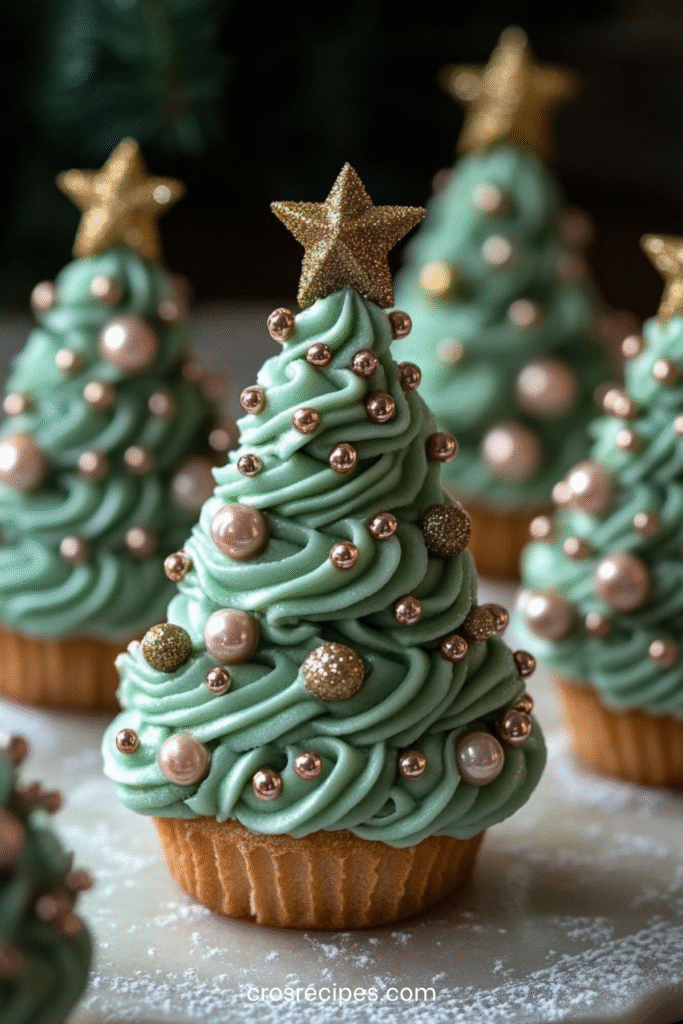 Cupcakes sapin décorés en forme de sapins avec glaçage crème au beurre vert et perles de sucre.