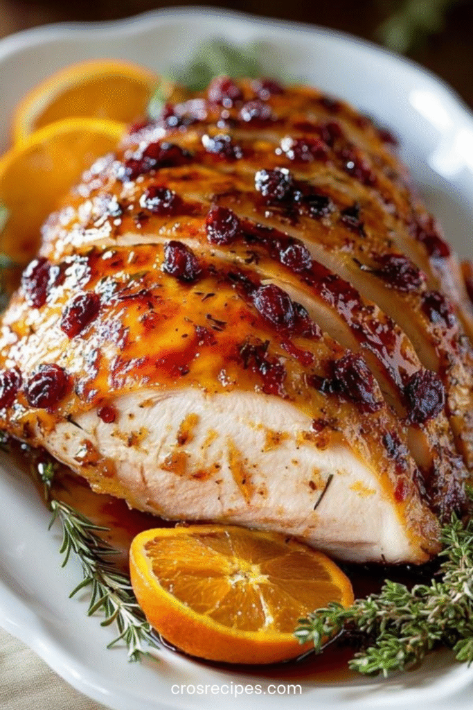 Blanc de dinde rôti nappé d’un glaçage à la canneberge et à l’orange, décoré de romarin.