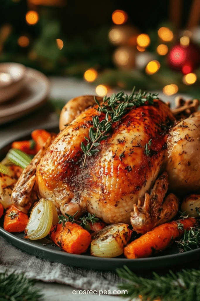 Poulet entier rôti au four entouré de légumes carottes, oignons et céleri.