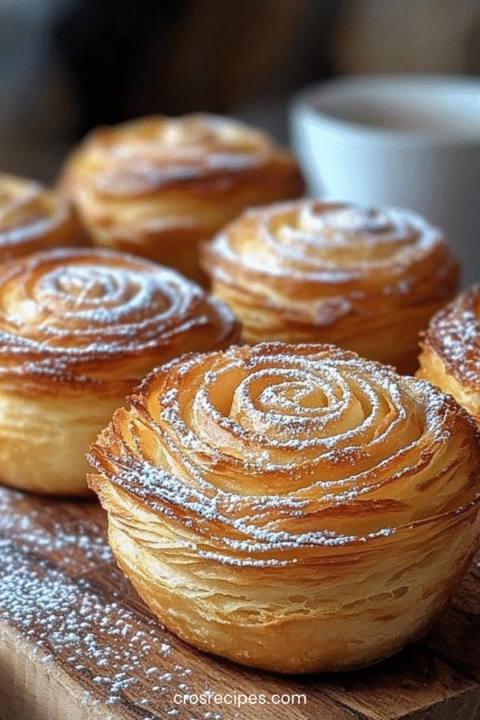 Cruffins feuilletés dorés et saupoudrés de sucre glace dans des moules à muffins.
