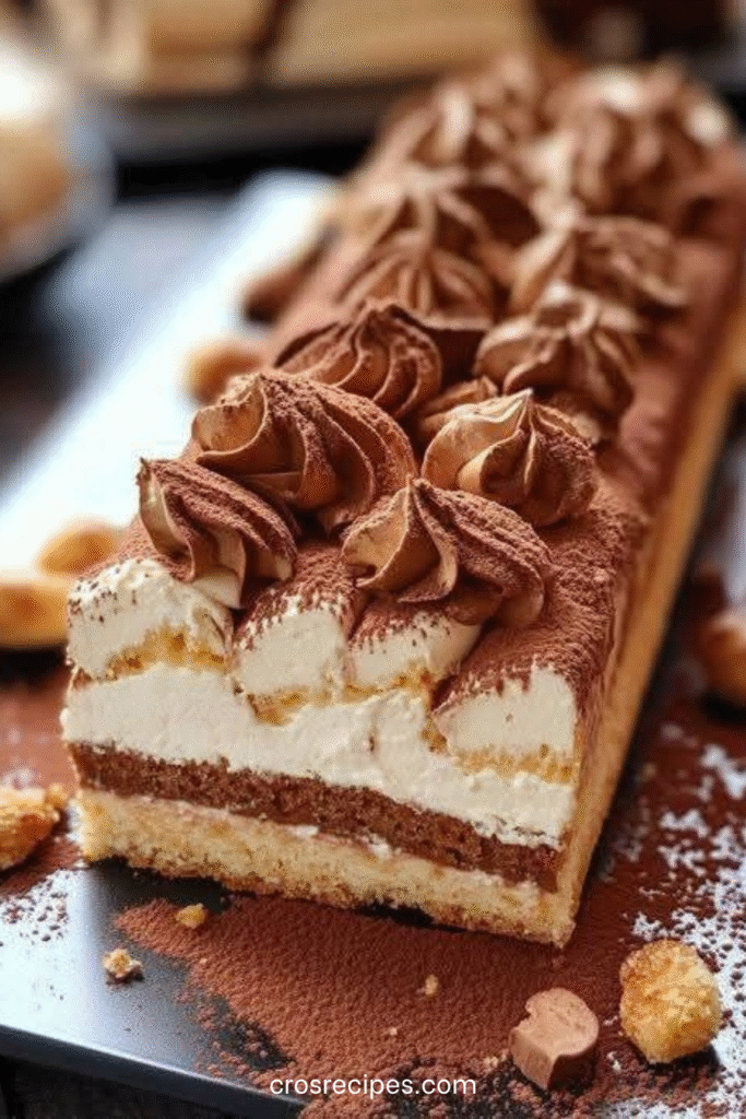 Bûche tiramisu roulée recouverte de crème mascarpone et saupoudrée de cacao.