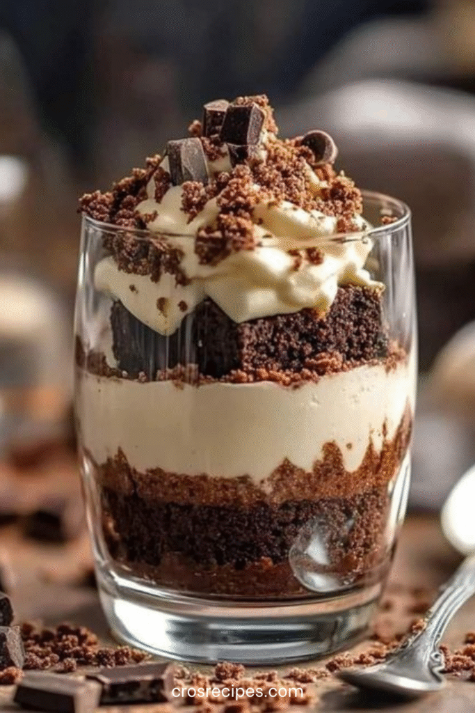 Verrines de parfait brownie, crème cheesecake et ganache au chocolat.