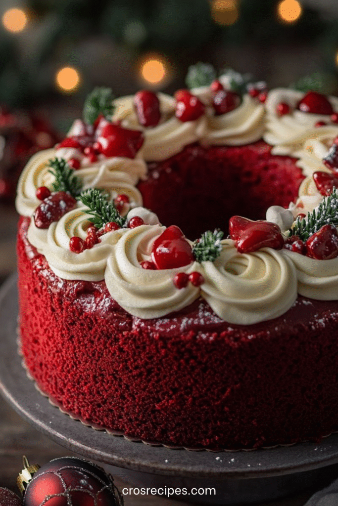 Gâteau Red Velvet en forme de couronne décoré de glaçage blanc, romarin et canneberges.