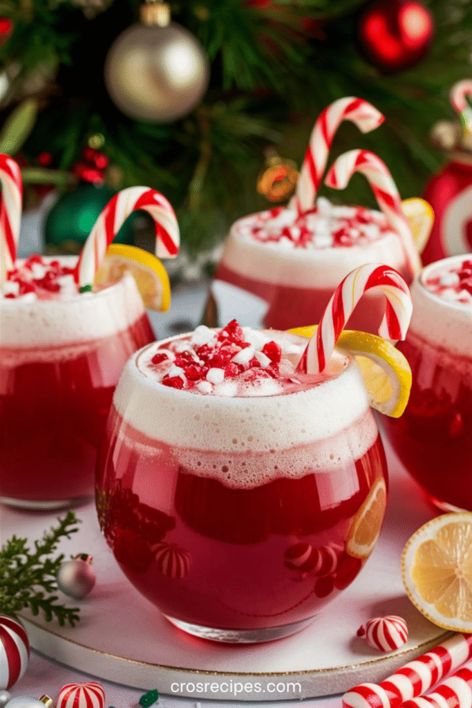 Verres de punch de Noël rouges garnis de crème fouettée et de cannes à sucre.