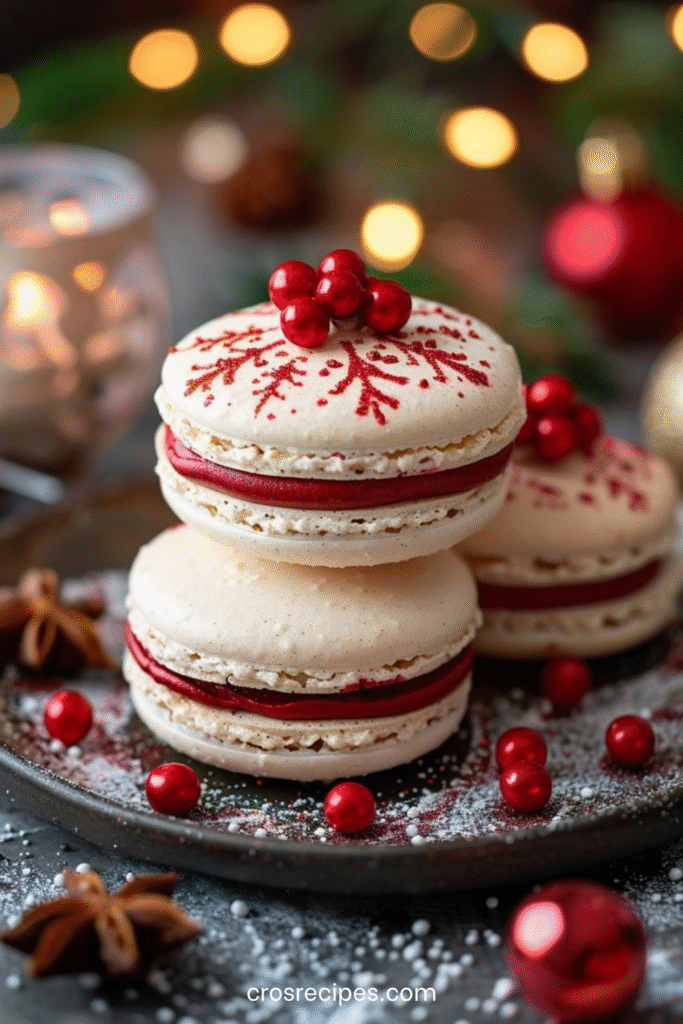 Macarons de Noël rouges garnis de ganache au chocolat blanc et confiture de canneberge, décorés de flocons de neige en glaçage.