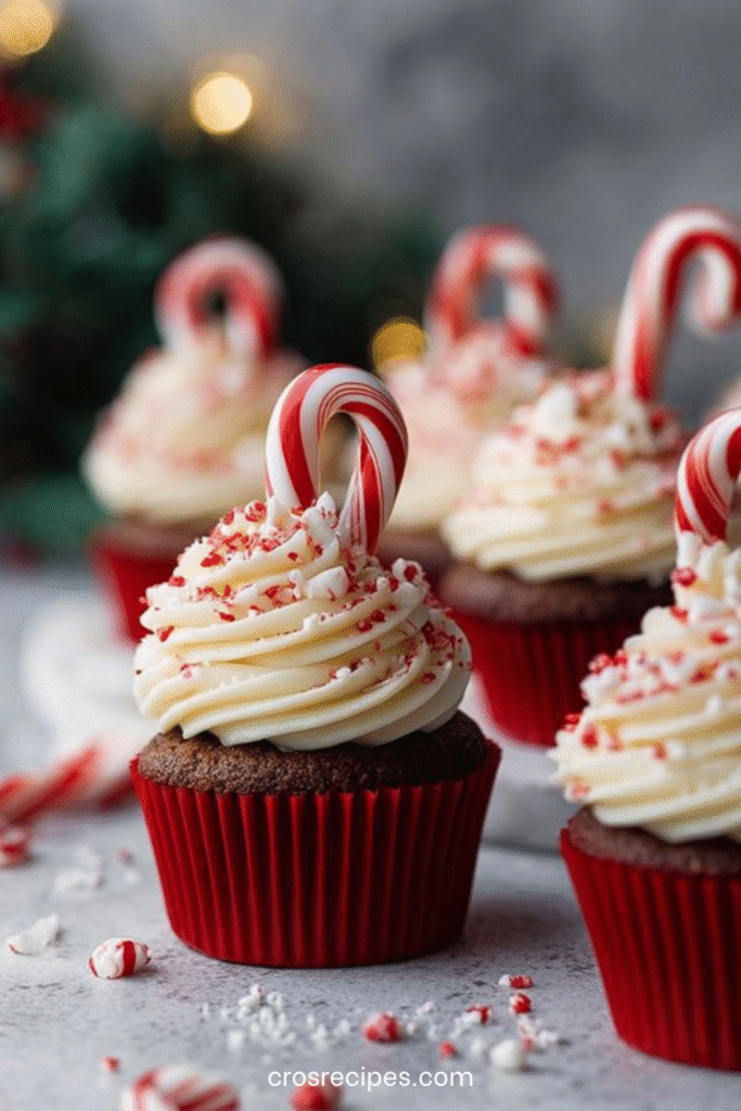 Cupcakes au chocolat décorés de glaçage à la menthe poivrée et de cannes à sucre pour Noël.