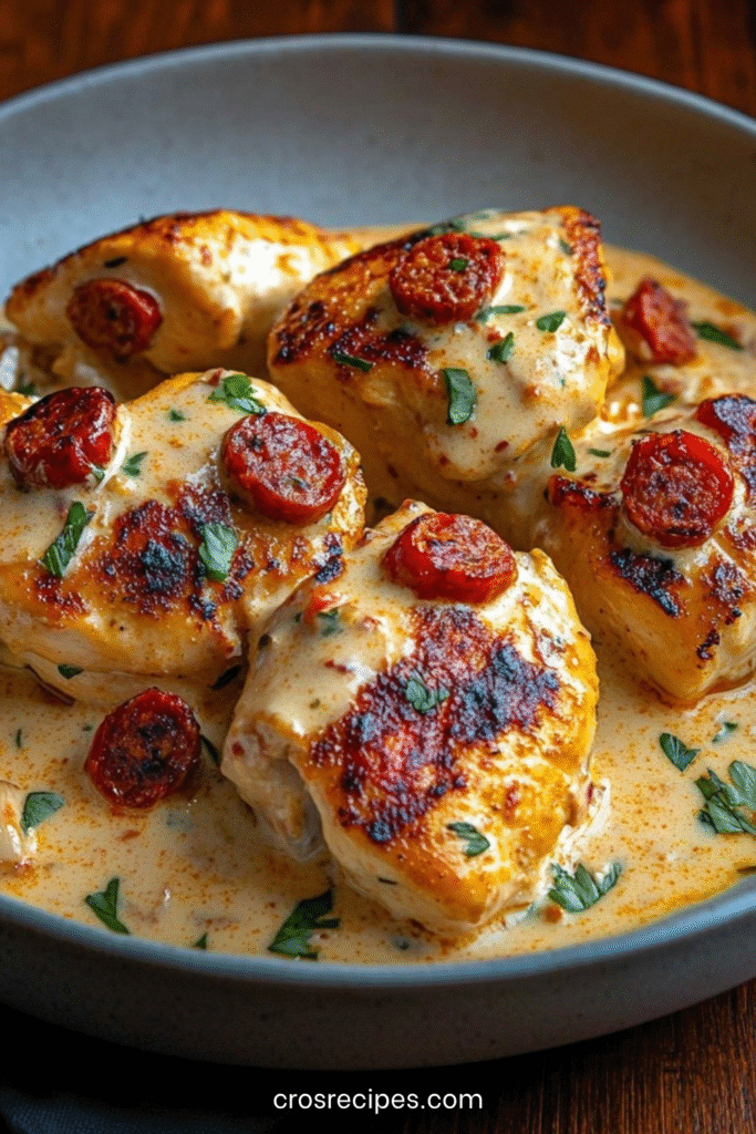 Poulet crémeux au chorizo, un plat mijoté express avec sauce onctueuse et persil frais.