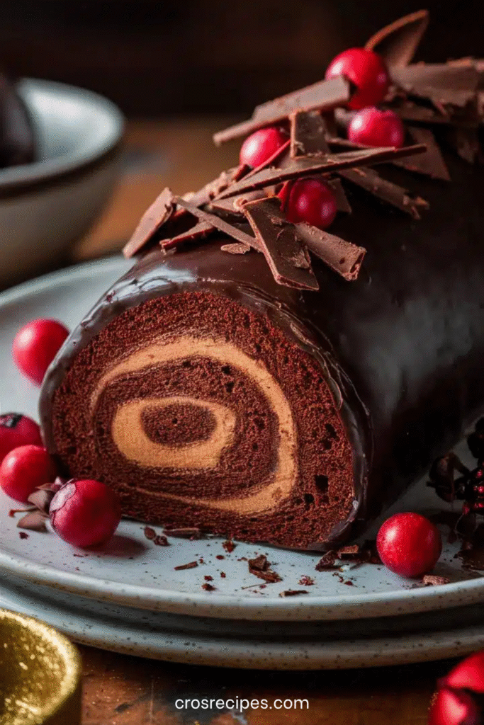 Bûche de Noël roulée au chocolat décorée d’airelles rouges, de romarin et saupoudrée de sucre glace.