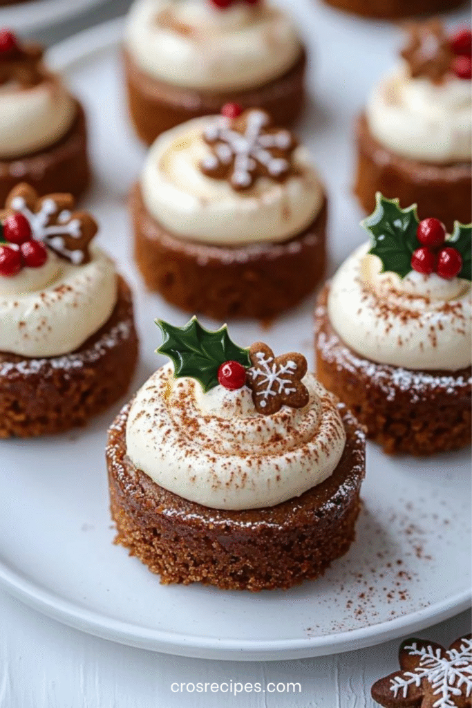 Mini gâteaux au pain d’épices décorés de glaçage blanc, mini biscuits et airelles, saupoudrés de sucre glace.